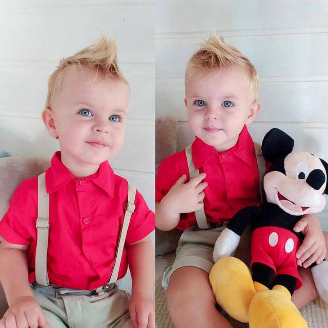 Roupa Menino Infantil Camisa Manga Curta Vermelho Bermuda Color Bege Suspensório e Gravata Bege