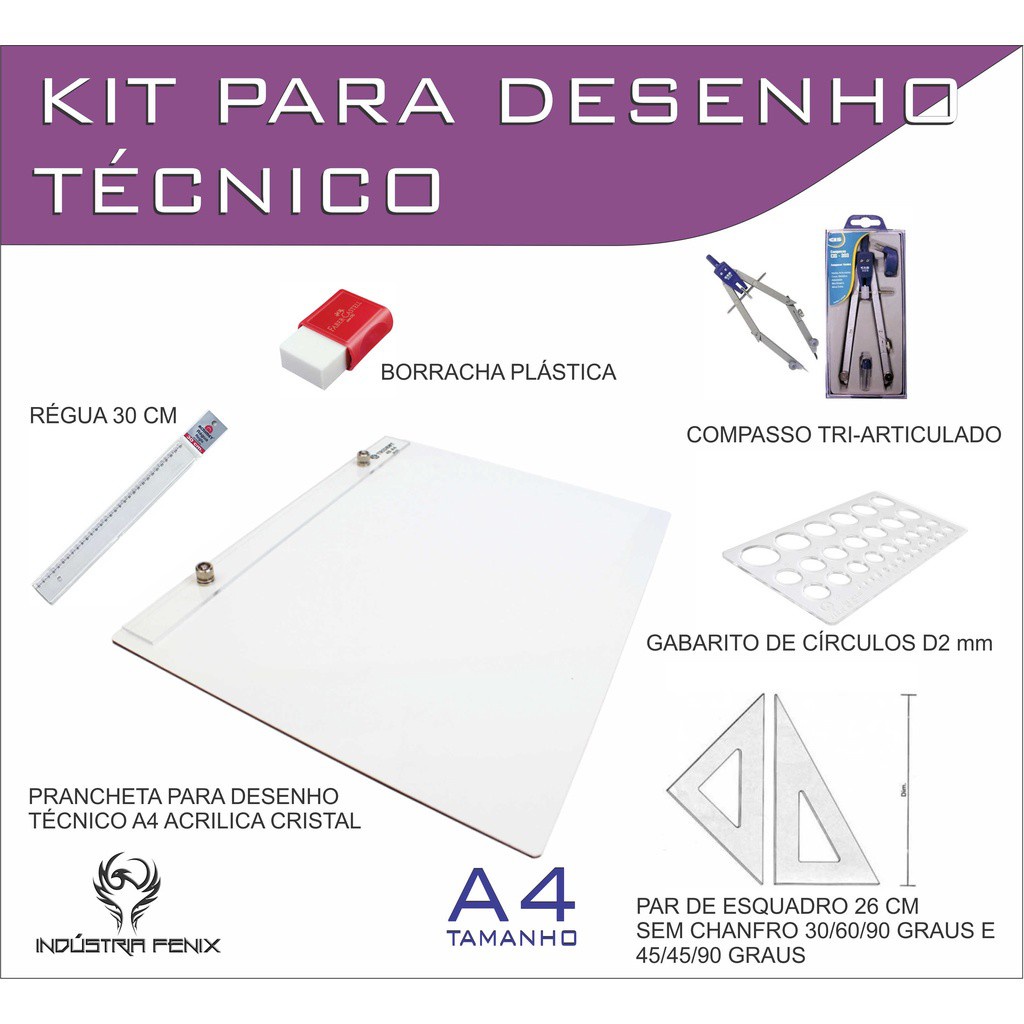 Kit Desenho Técnico Prancheta Engenharia ARQUITETURA A4 ACRILICO Esquadro 26 Compasso 303 GABARITO BORRACHA Regua 30 CM