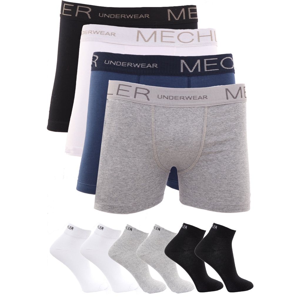 Kit 4 Cuecas Boxer Algodão e 6 Meias Mechler Multicolorido