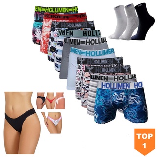 Kit 10 Cuecas Box Boxer Microfibra + 10 Calcinhas Tanga + 12 Pares Meias
