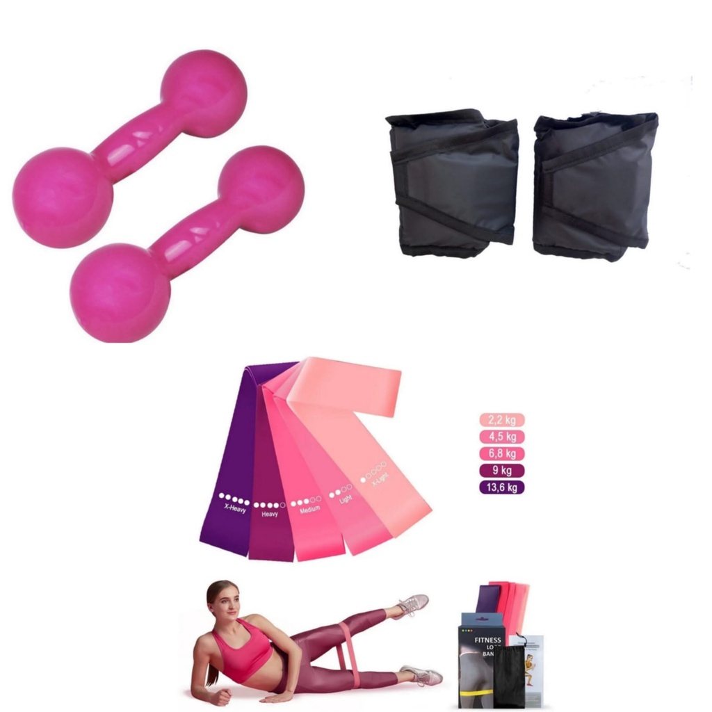 Combo Kit Fisioterapia Par Halter 1 Kg Rosa + Caneleira 1 Kg + Kit Theraband Rosa