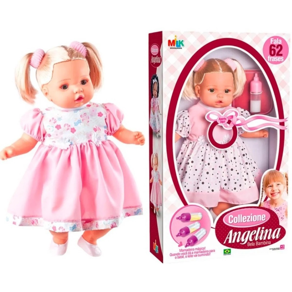 Boneca Tipo Reborn Angelina Loira com Cabelo + Mamadeira Fala 62 Frases 48cm - Milk Brinquedos