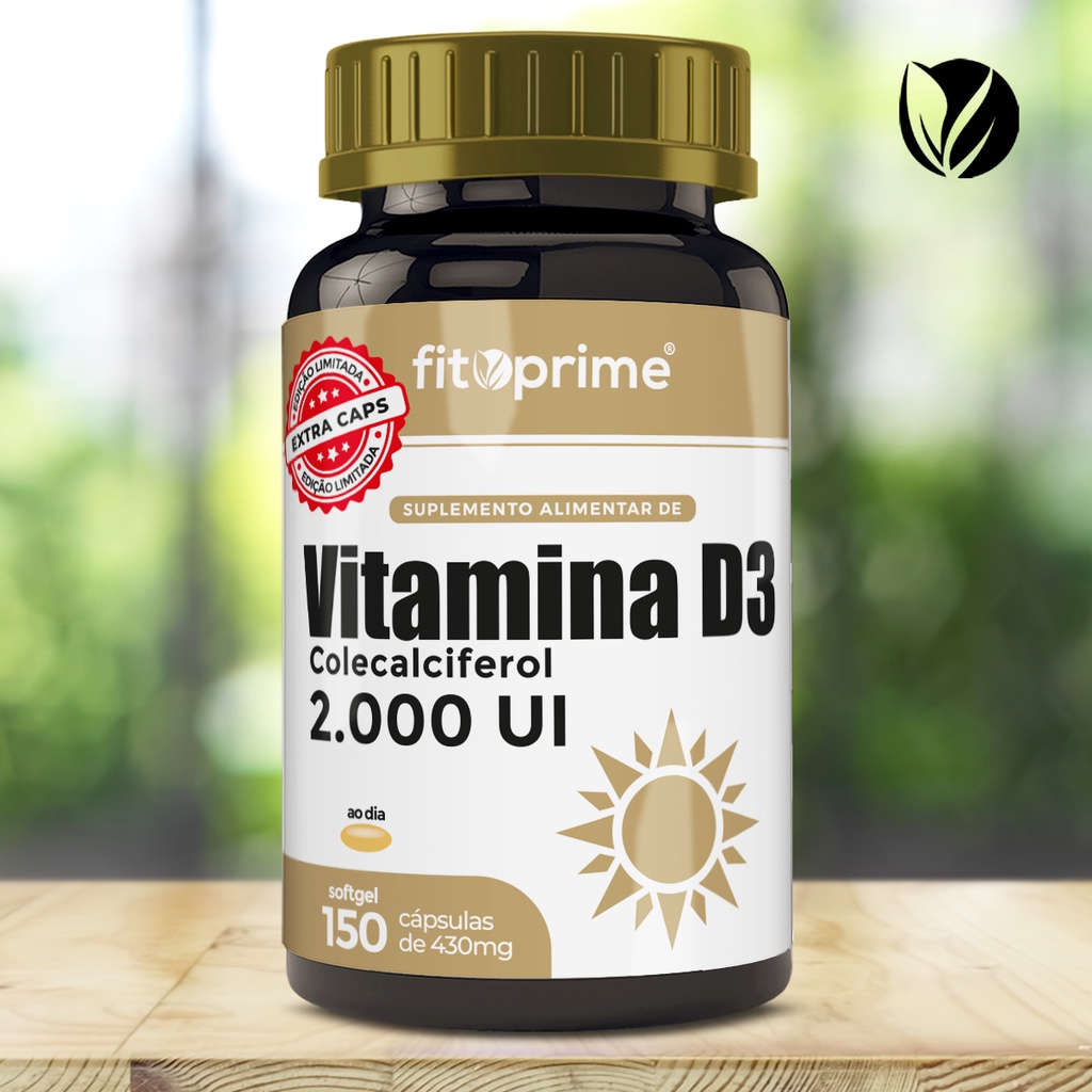 Vitamina D3 2000UI FitoPrime 150  cápsulas Softgel  Auxilia na absorção de cálcio e fósforo, na formação de ossos e dentes, no funcionamento do sistema imune e muscular, na manutenção dos níveis de cálcio no sangue, no processo de divisão celular.