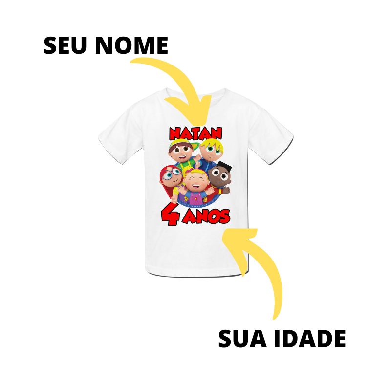Camiseta Aniversário Personalizada Nome e Idade Pequerruchos Desenho Animado Infantil e Adulto