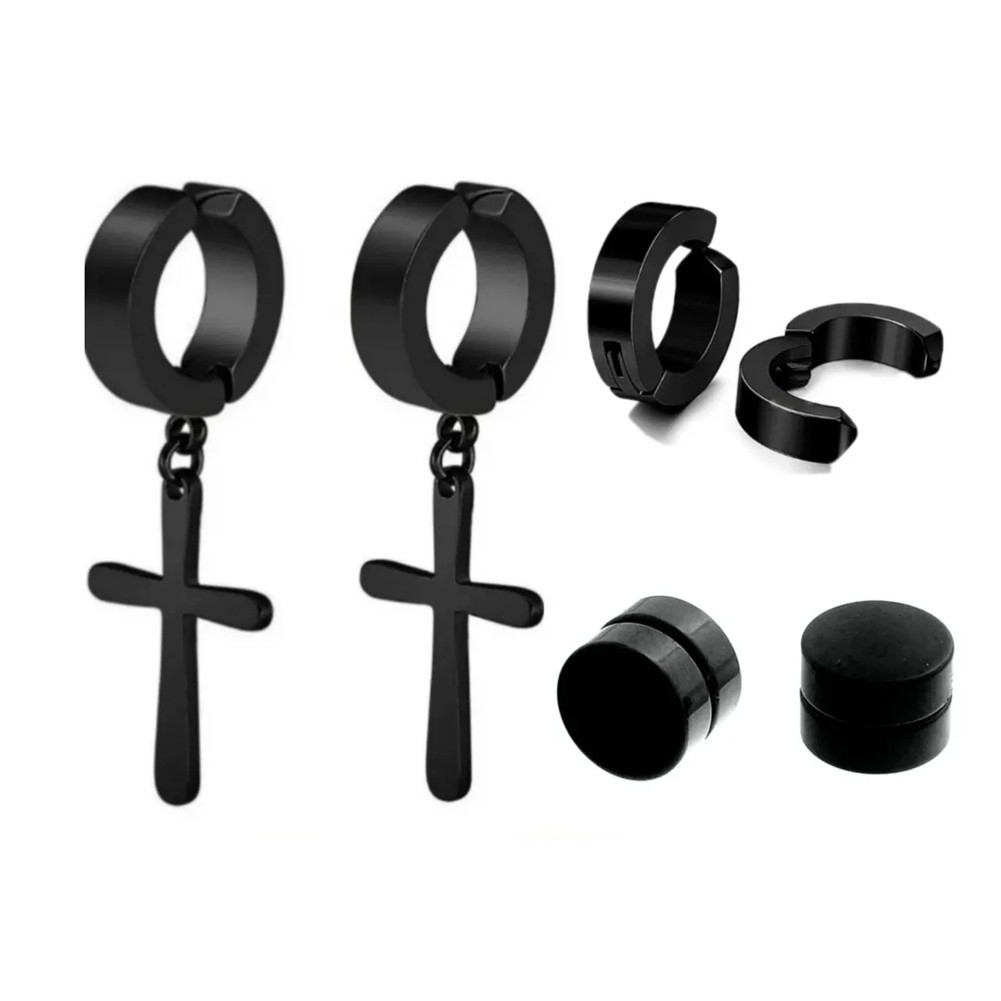Kit 3 Pares Brinco Brincos Masculino Feminino Argola  Em Aço Inox Cruz Crucifixo De Pressão não precisar de Furo em Oferta na Shopee