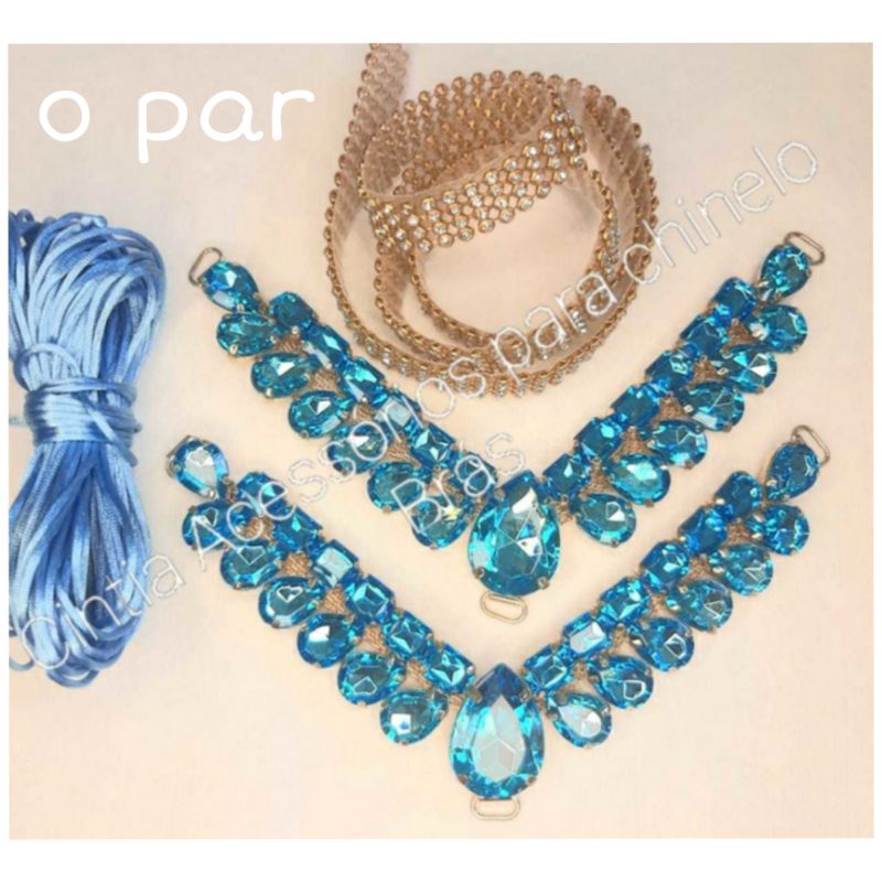 kit cabedal Raquel azul claro com manta de strass e cordão
