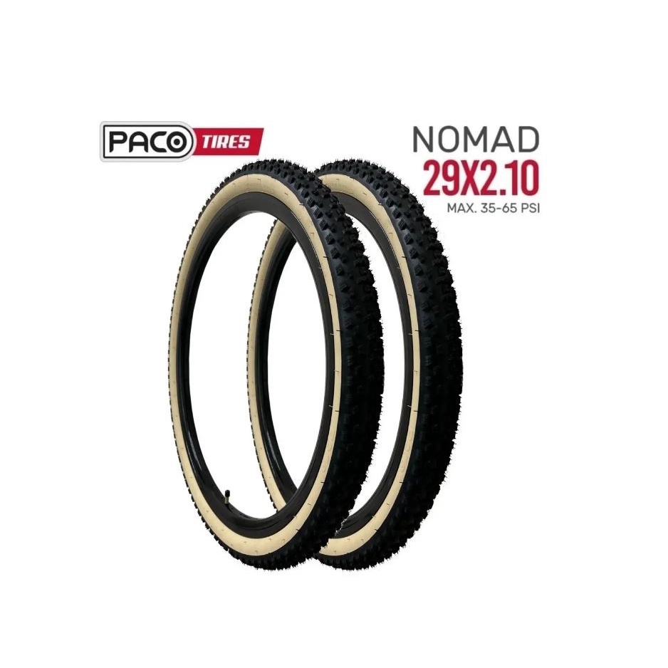2 Pneu de Bicicleta Aro 29x2.10 Faixa Bege 54-622mm Paco Nomad com Câmaras Pirelli Valvula presta bico fino