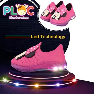 Tênis Led Infantil Luzinha Menina Meia Calce Fácil Leve Flexível Confortável Anatômico PLOC LED03 - PINK MINNIE POA PINK
