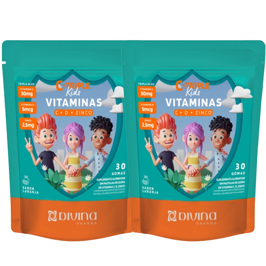 KIT 2 C-TRIPLE KIDS VITAMINAS C + D + ZINCO IMUNIDADE TOTAL 60 GOMAS SABOR LARANJA – DIVINA PHARMA