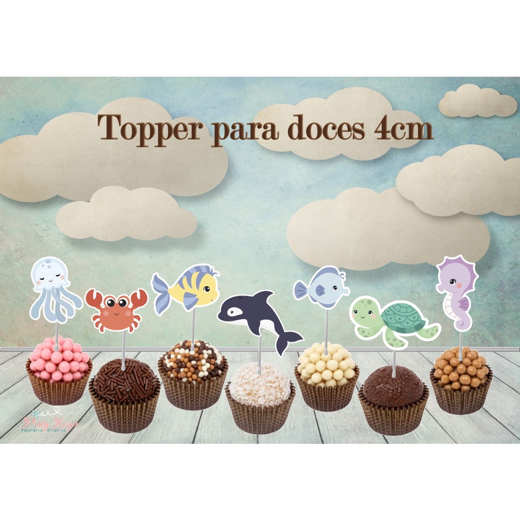 Fundo do Mar Topper Docinho Tag Doces Mini Cupcake Festa Decoração