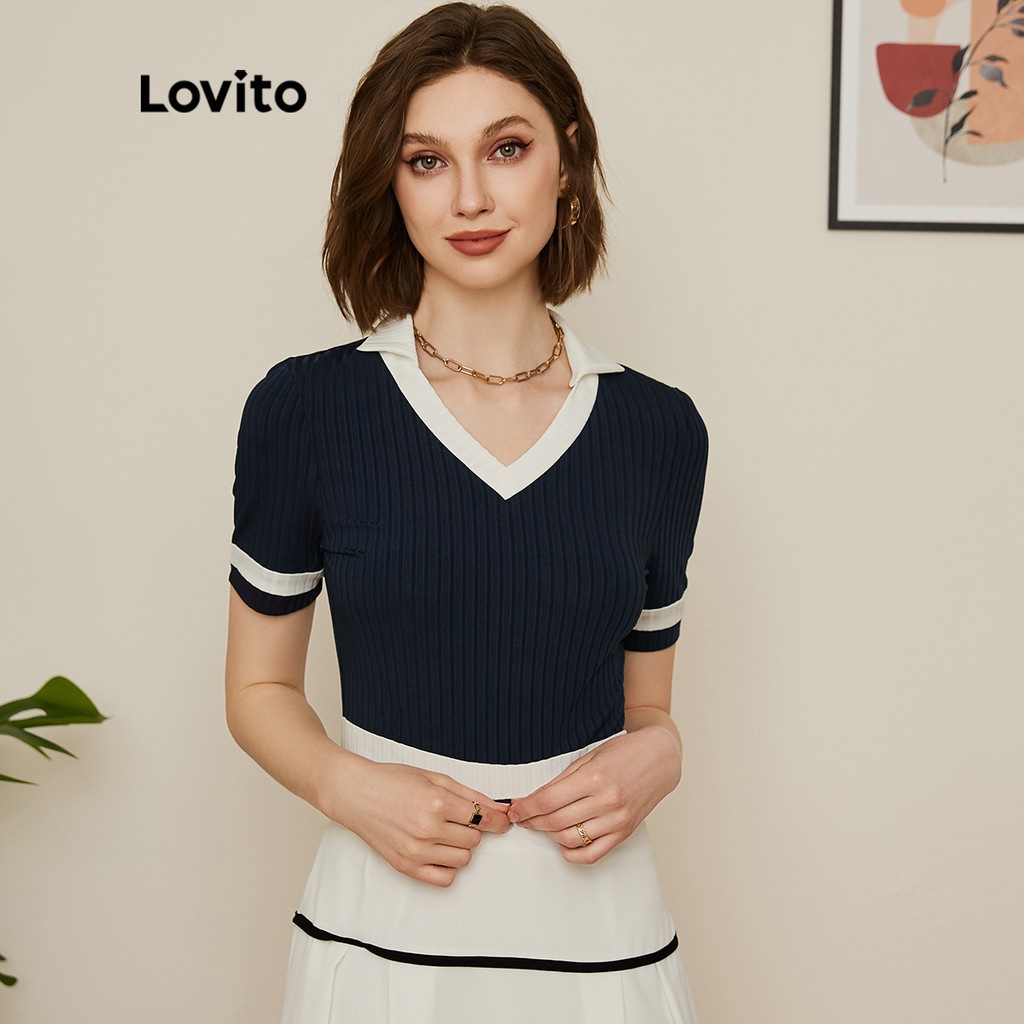 Lovito Camiseta Preppy Com Gola V e Ligação de Contraste L19D032 (Azul/Branco)