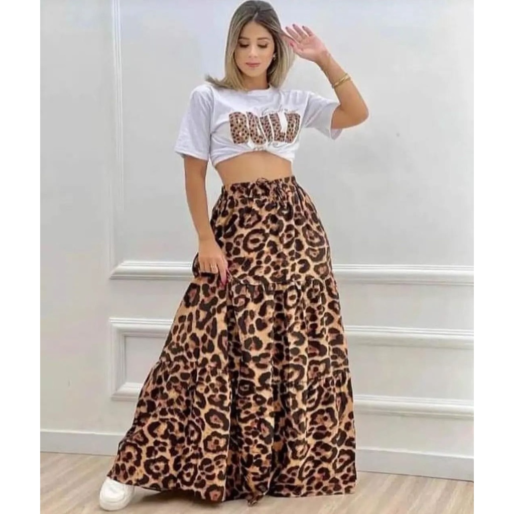 Saia 3 Marias tecido viscose com forro/ saia longa 3 Marias em camadas com babado