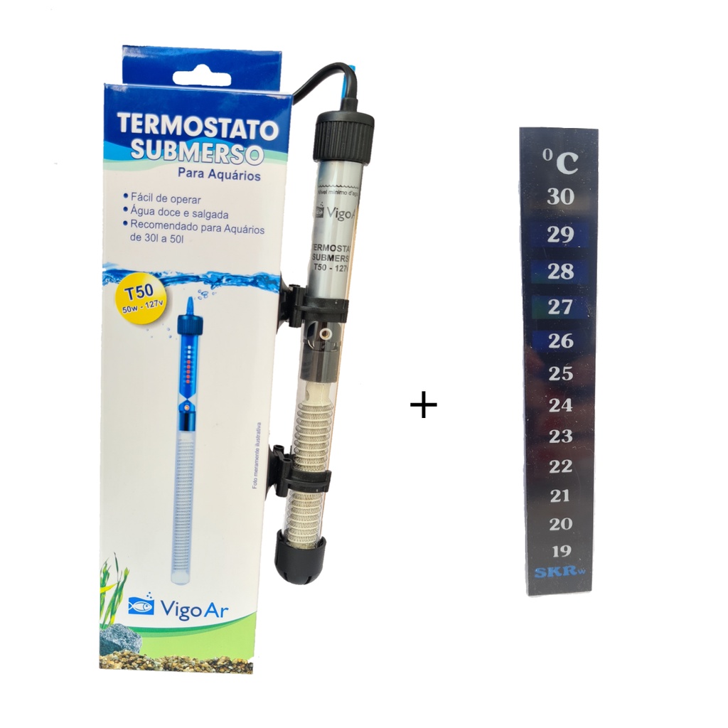 Termostato c/ Aquecedor 50W Vigoar  Aquário 50L + Termômetro