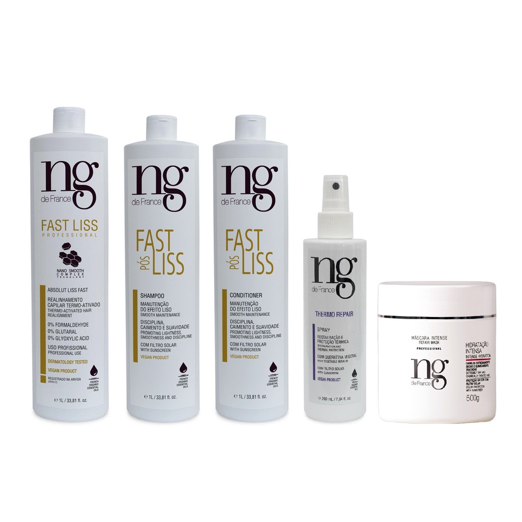 Kit Fast Liss Realinhamento Vegano + Shampoo E Condicionador Pós Fast + Spray Thermo E Máscara Hidratação Intense