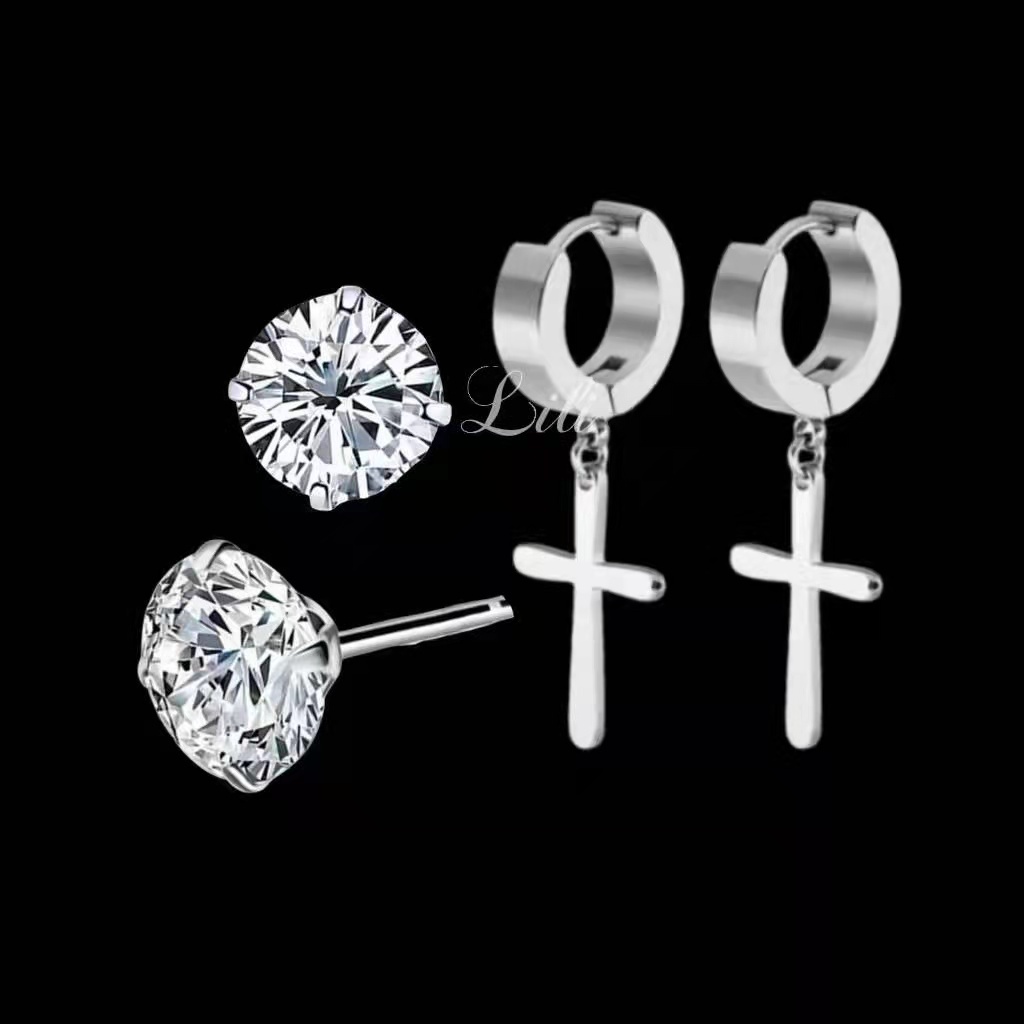 Kit 2 Pares Brinco Brilhante De Zirconia 6mm e Brinco Cruz Prata Masculino e Feminino