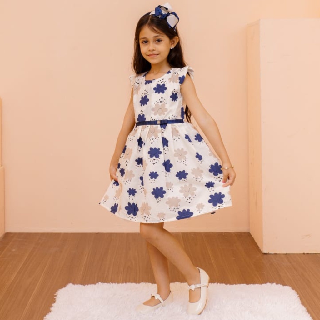 Vestido infantil Menina Nuvem Azul Manguinha Casual Igreja Tricoline