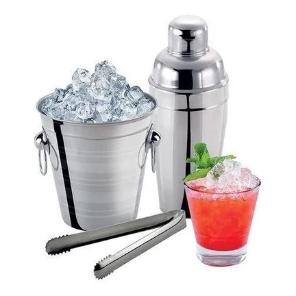 Kit Bar Inox Balde Gelo 800ml + Coqueteleira 500ml +pegador