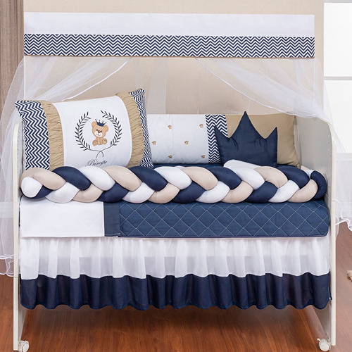 Kit Protetor Berço Trança Urso Ted Azul Marinho 11 Peças