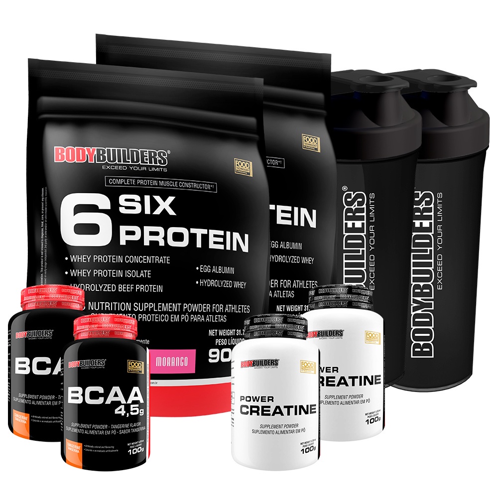 Kit 2x Whey Protein 6 Six Protein 900g + 2x BCAA 100g + 2x Power Creatina 100g + 2x Coqueteleira - BodyBuilders