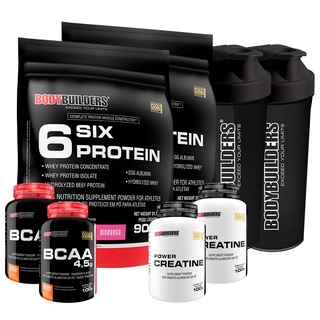Kit 2x Whey Protein 6 Six Protein 900g + 2x BCAA 100g + 2x Power Creatina 100g + 2x Coqueteleira - BodyBuilders