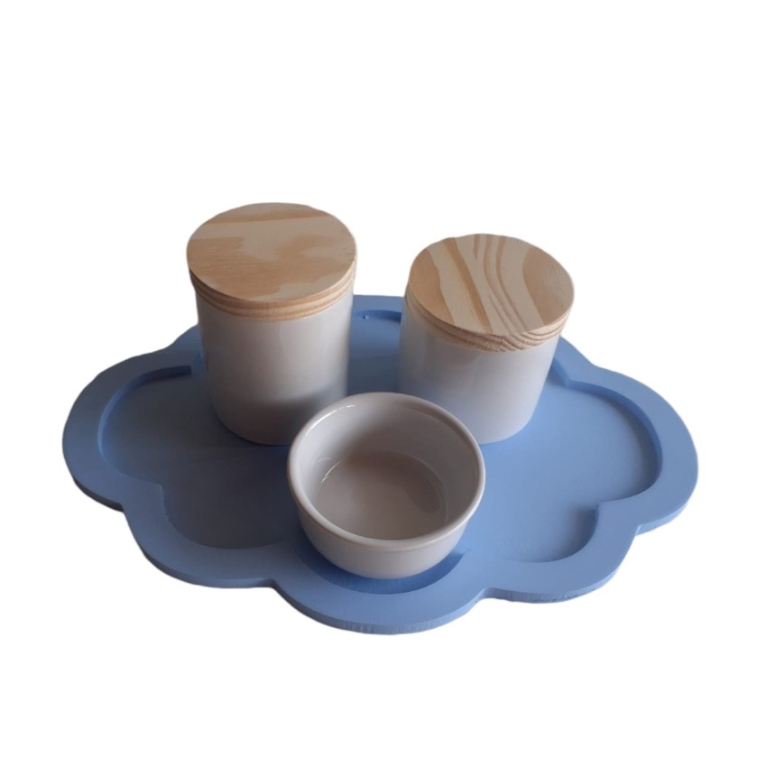 Kit Higiene Bebê Porcelana Branca com Tampa 4 peças bandeja Nuvem azul maternidade  menino porta algodão cotonete