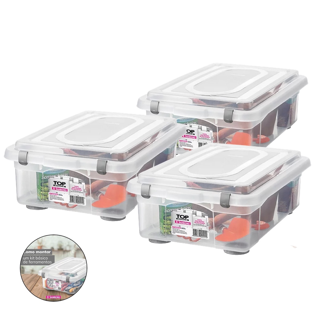 Kit 3 Caixa Organizadora Grande 28,2l Multiuso Porta Utensílios Closet Roupas Brinquedos - Sanremo