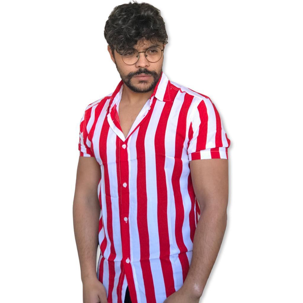 camisa listrada slim vermelha e branca | Shopee Brasil