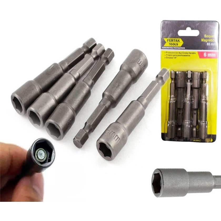 Kit Jogo Bits Soquete Magnético Parafusadeira 6mm 5 Peças Profissional