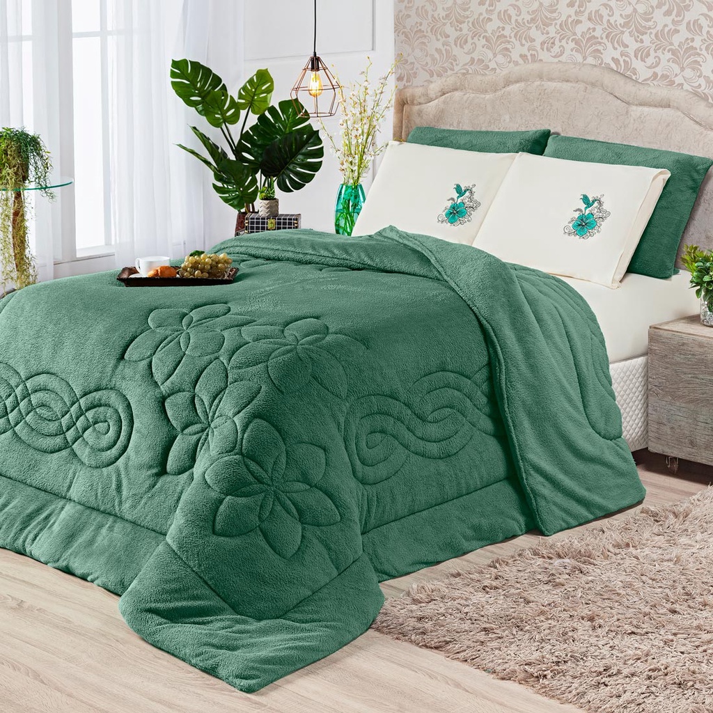 Kit Coberdrom Cobertor KING Floral Hibisco Verde com Fronhas 03 Peças - Dupla Face Manta Grossa