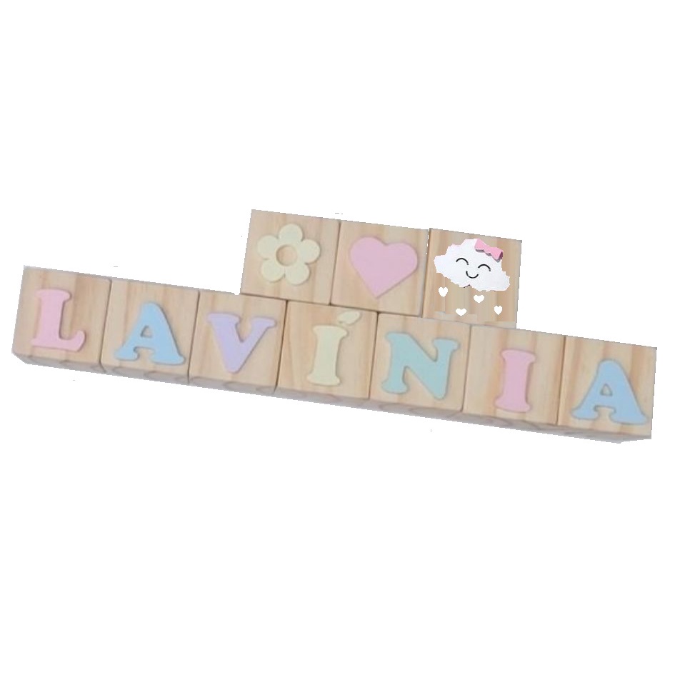 kit com 4 cubos em madeira de pinus 7x7x7 cm com recortes em letras de mdf 3 mm para decoração, lembrancinha, quarto de bebe, artesanato.