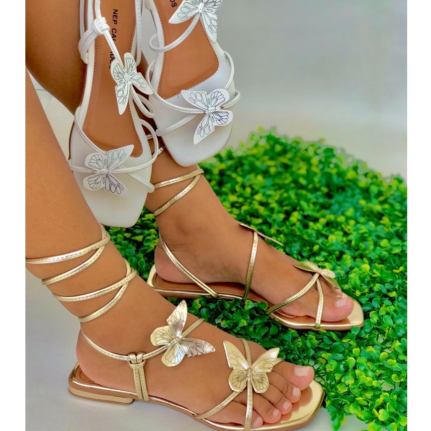 Rasteirinha de laço 2 Opções de amarração na perna Sandalia borboleta de corda nude preto branco dourado em Oferta na Shopee