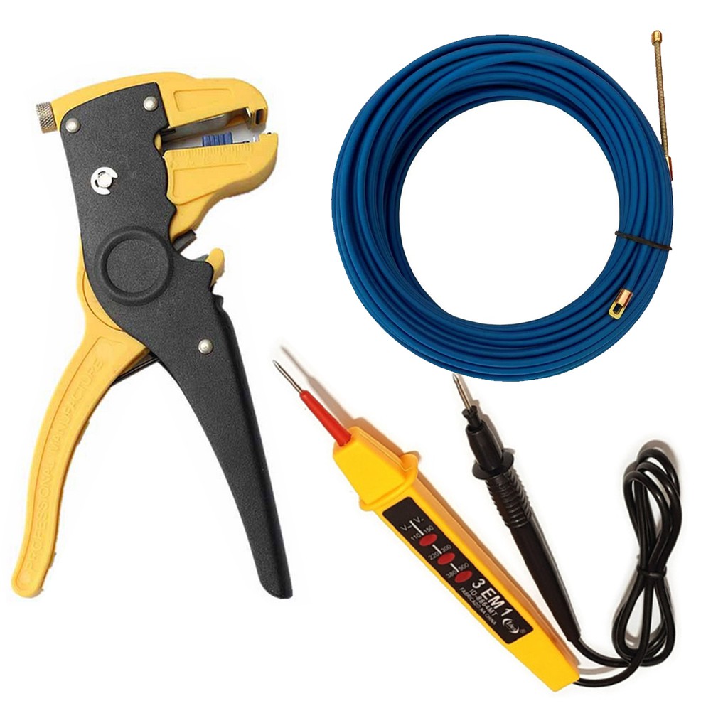 kit Passa Fio Sonda C/alma De Aço 10 Mts + Chave Teste eletricidade + Alicate Descascador Fio