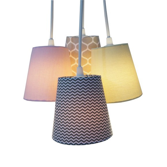 Lustre Pendente Luminária Cacho Colmeia e Chevron 4 Cúpulas Tecidos Rosa, Cinza e Amarelo