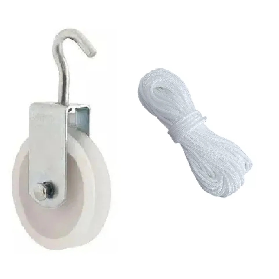 KIT PARA VARAL 4 ROLDANA PLASTICA NYLON 8cm COM GANCHO + 30M CORDA 4MM