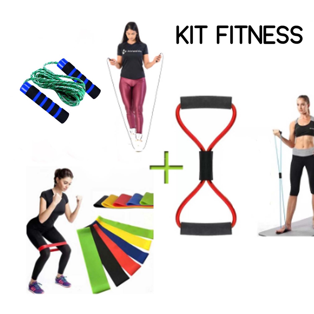 Imagem Kit Treine Em Casa Completo Elástico Extensor Cross Tube + Corda de Pular + Kit com 5 Faixa