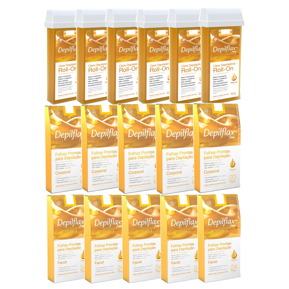 Kit Depilação 6 Refil Roll On Natural + 5 Folhas Corporais + 5 Folhas Faciais Prontas Para Depilação Depilflax
