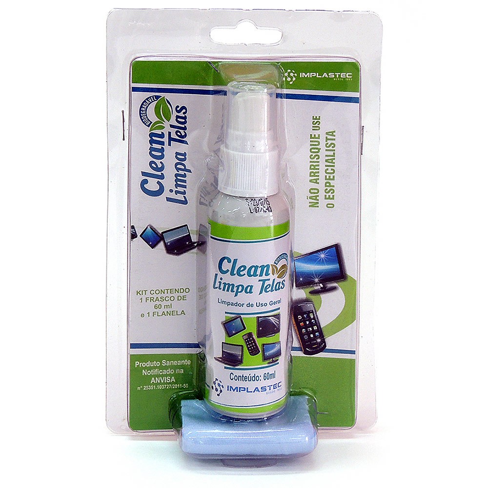 Kit Spray Limpa Telas, desenvolvido para a remoção de manchas, marcas de dedos (gordura) e poeira de monitores de LCD e Plasma. Contendo: 1 Frasco Spray 60mL.