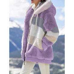 Jaqueta Feminina Com Capuz De Pelúcia Multicolorida Para Outono/Inverno