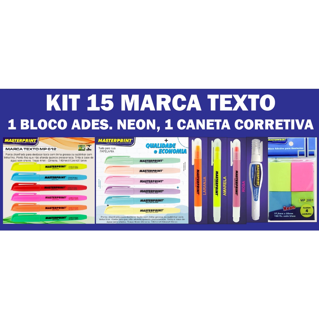 Kit 15 Marca Texto(6 Neon, 6 Pastel, 3 gel), 1 Bloco Ades. Neon, 1 Caneta Corretiva
