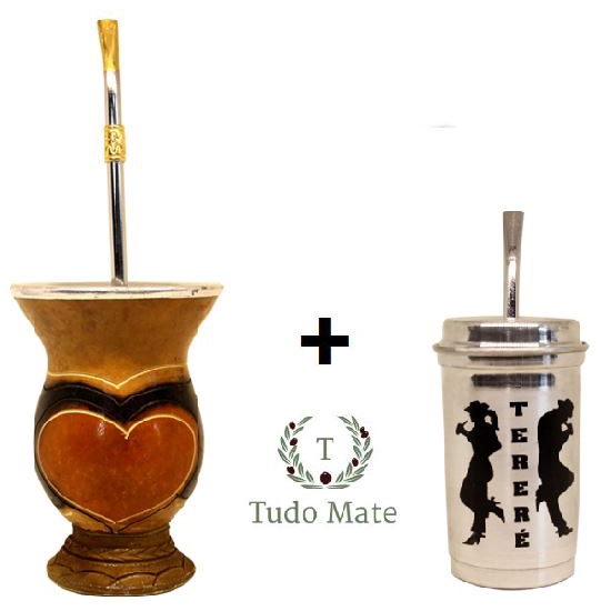 Cuia Para Chimarrão com Bomba (Cuia Coração) + Cuia Copo Térmico Para Tereré com Tampa e Bomba