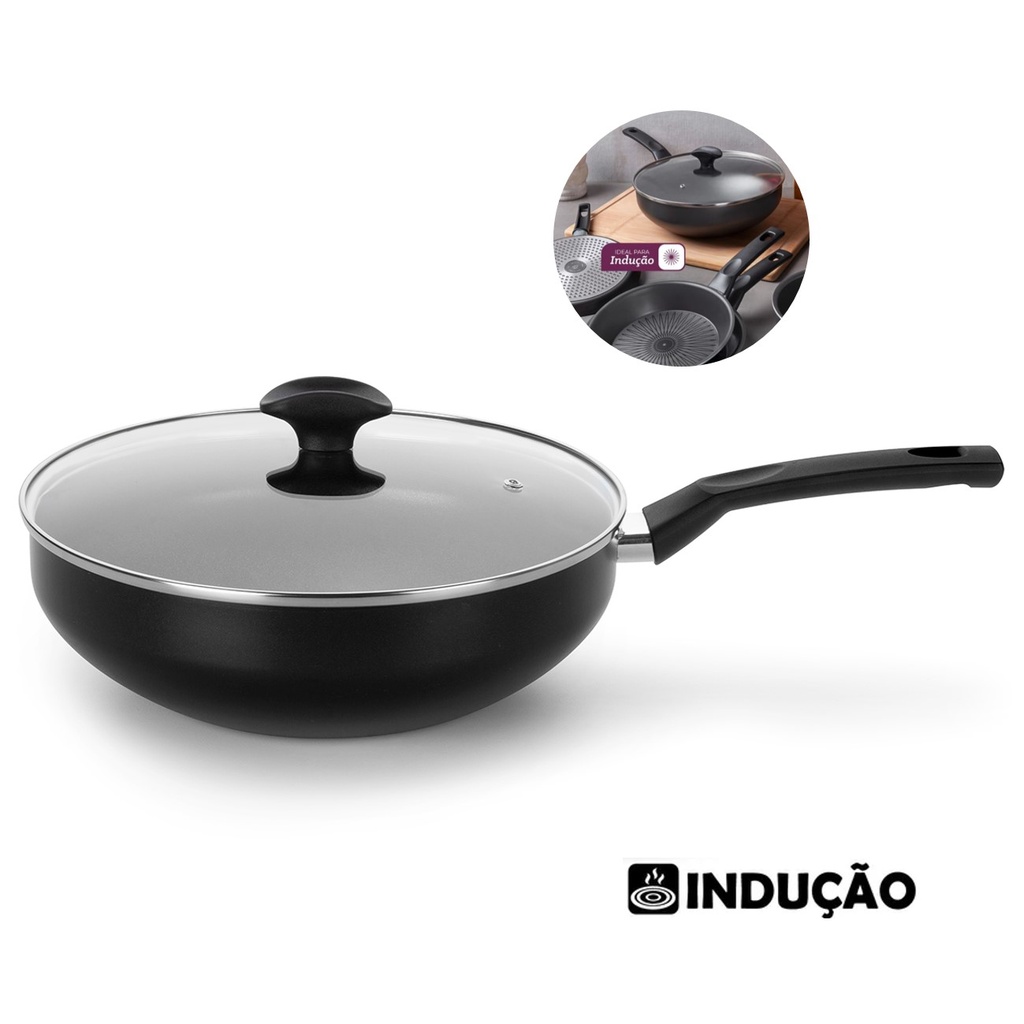 Frigideira Wok Fogão Indução Alumínio Antiaderente Ø28cm Tampa Vidro Cabo Baquelite Cozinha - 44228 Multiflon