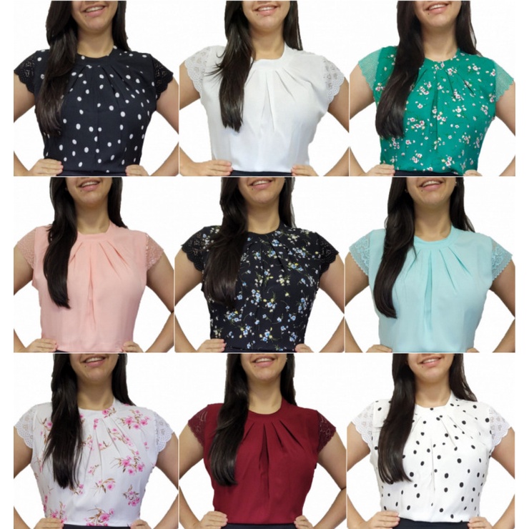 Kit 5 Blusas Femininas Blusinha Manga Curta com Renda Moda Evangélica Social  Executiva Barata Promoção - Corre Que Ta Baratinho