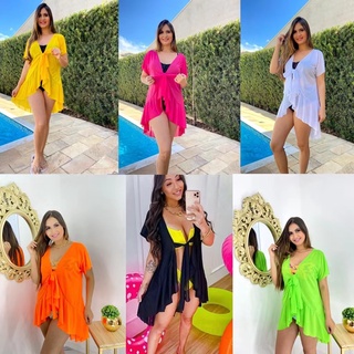Saida Praia Plus Size Curta Kimono De Amarrar Babado