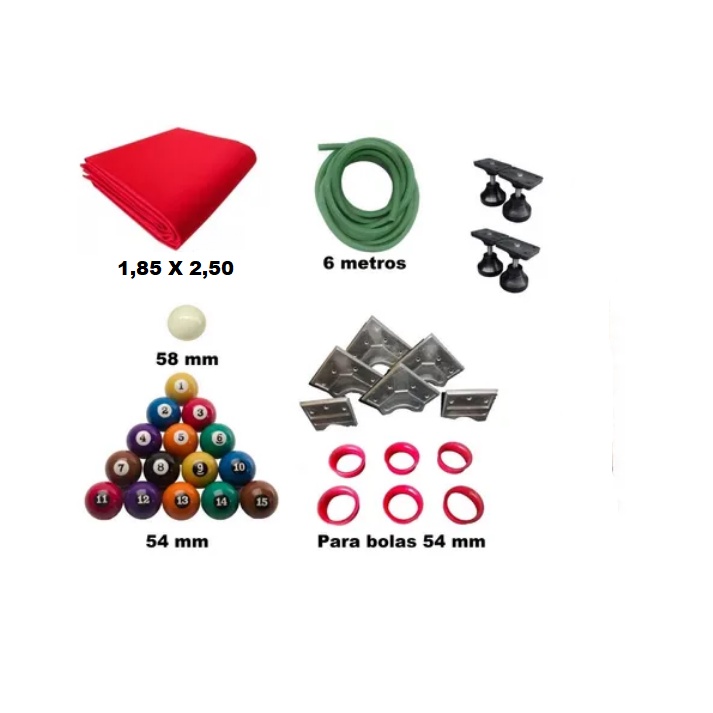 Kit Para Bilhar Sinuca Pano Borracha Bolas Numeradas Caçapas e pés Niveladores