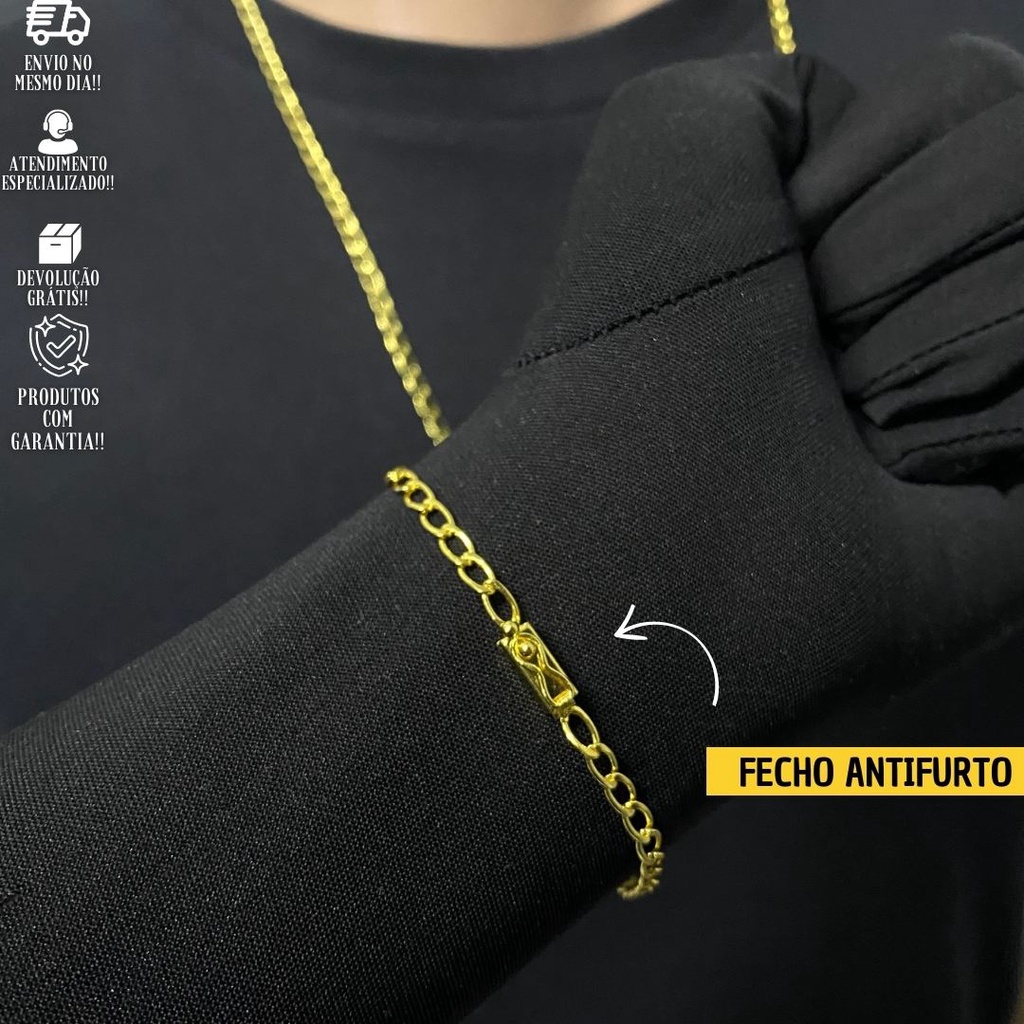 Corrente de Ouro 24k Masculina Grumet 3,5mm 70cm Pulseira Banhada a Ouro