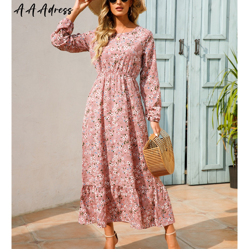 Mulheres Elegante Floral Impresso Vestidos Longos Primavera Verão Casual O Pescoço De Manga Comprida Senhoras Chic Cintura Alta Uma Linha De Praia