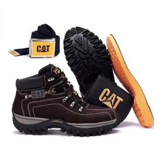 Kit Bota Coturno Masculina Caterpillar Elegante De Couro Moderna Super Macia + Carteira e Cinto