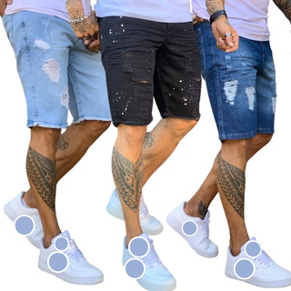 Kit 3 Bermuda Jeans Masculina Rasgada Sem Lycra Slim Original Básica Lisa