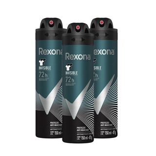 Kit com 3 Desodorantes Antitranspirantes Aerosol Masculino Rexona Invisible 72 horas 150ml