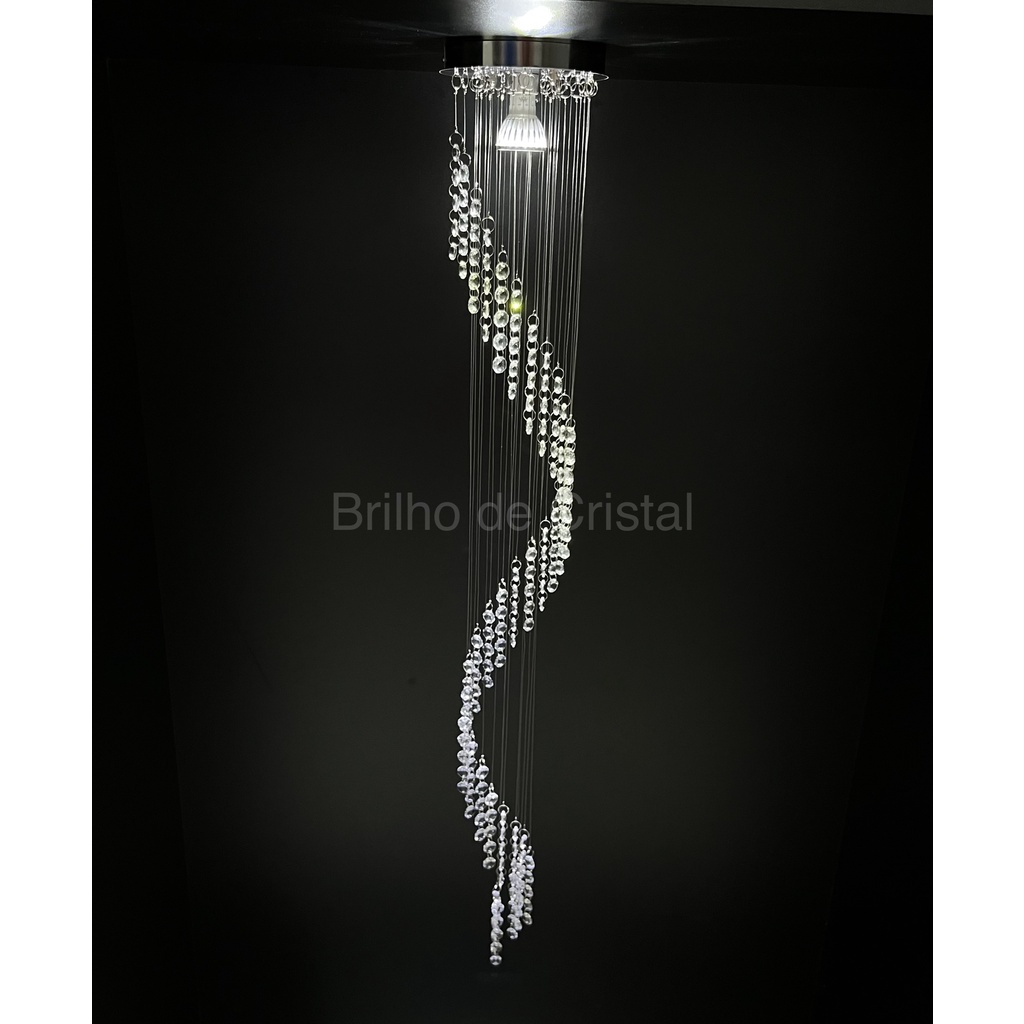 Lustre Pendente Espiral Inox 1,2m com Cristal K9 e Lâmpada GU10 ou MR16
